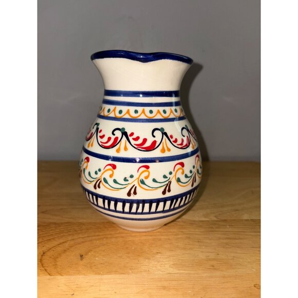Handpainted Ceramic Pitcher Colorful Bold Vibrant 6" Blue Rim Handle Vase Spain - Picture 4 of 8